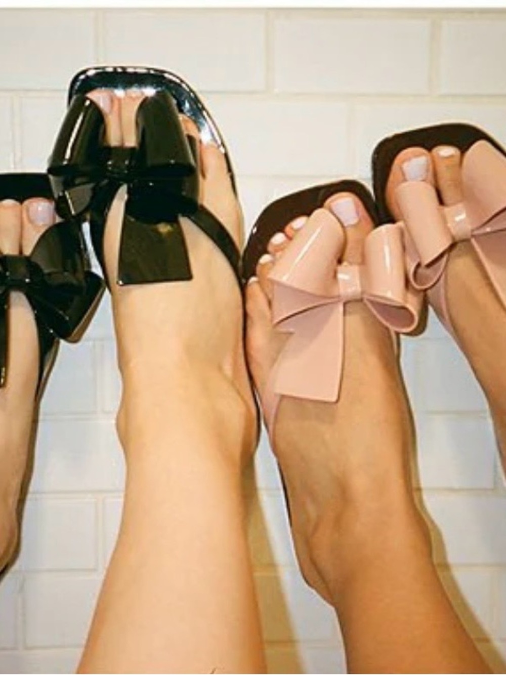 Jeffrey Campbell Patent Bow Slide Sandals - Black & Light Pink